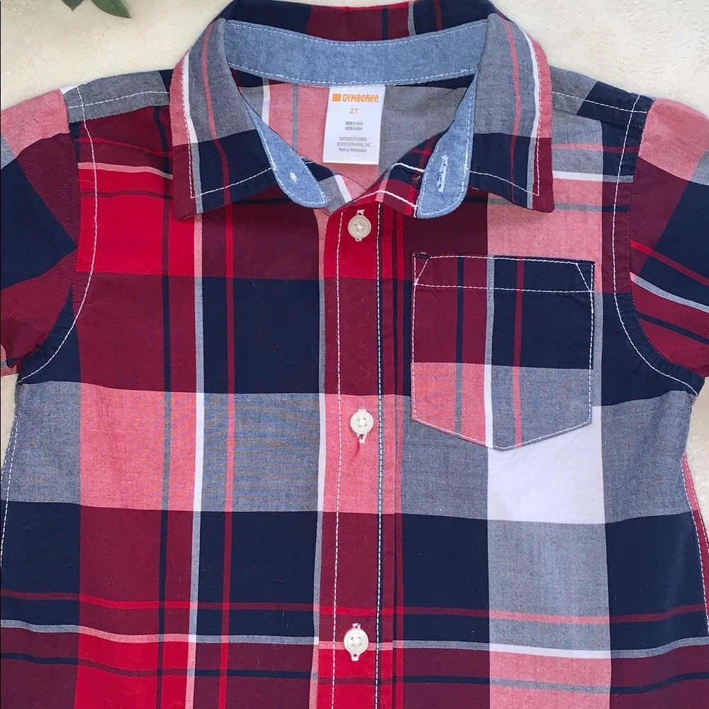 Gymboree Button Down Shirt 2T Blue Red White EUC Short Sleeves
